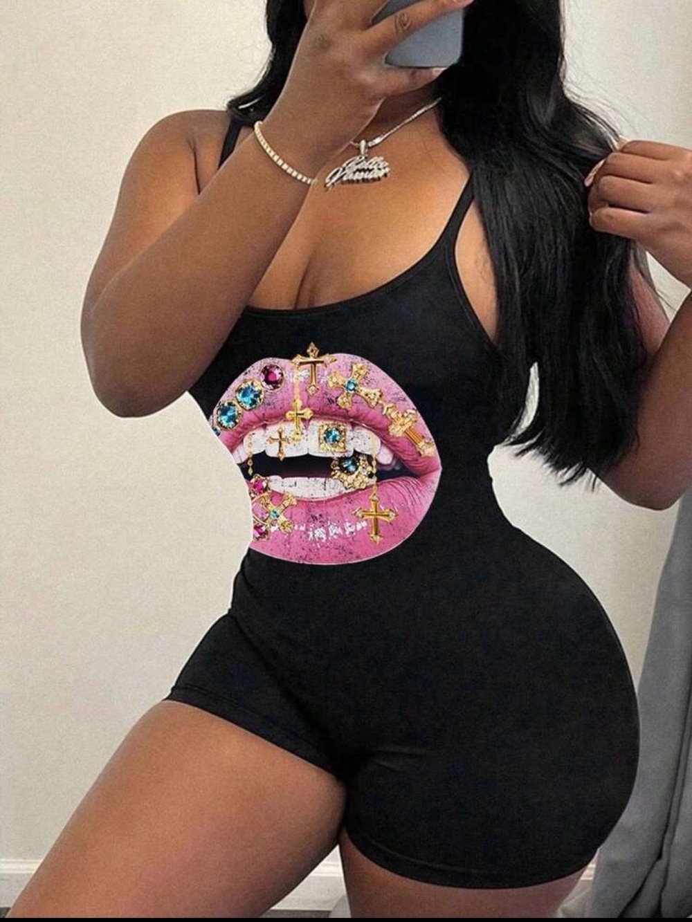 Black Sleeveless Romper with Pink Jeweled Lips Graphic